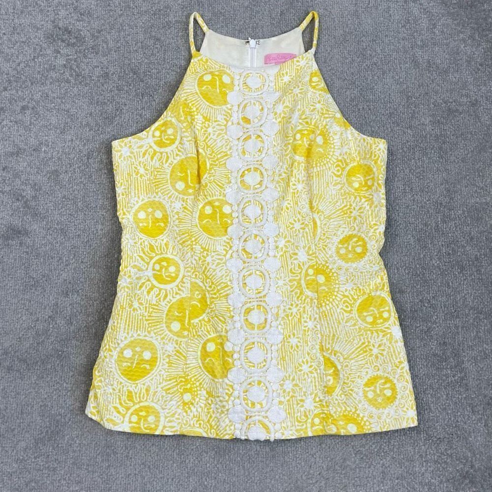 Lilly Pulitzer Women’s 2 Yellow White Lace Panel Halter Style Mini Dress